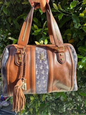 L.A.M.B Blue suede & brown leather satchel